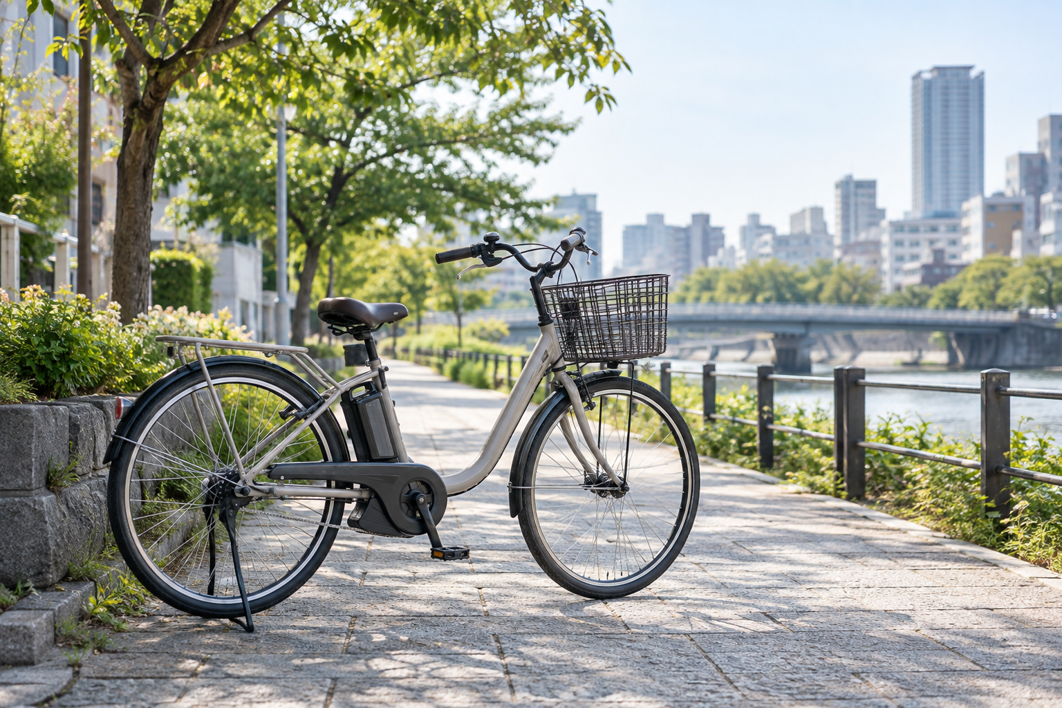 都市の自転車道沿いに停められた電動アシスト自転車